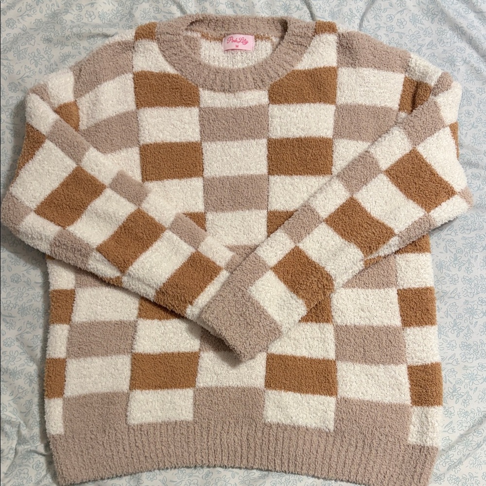Pink Lily Soft, Textured Sweater in Cream and Tan